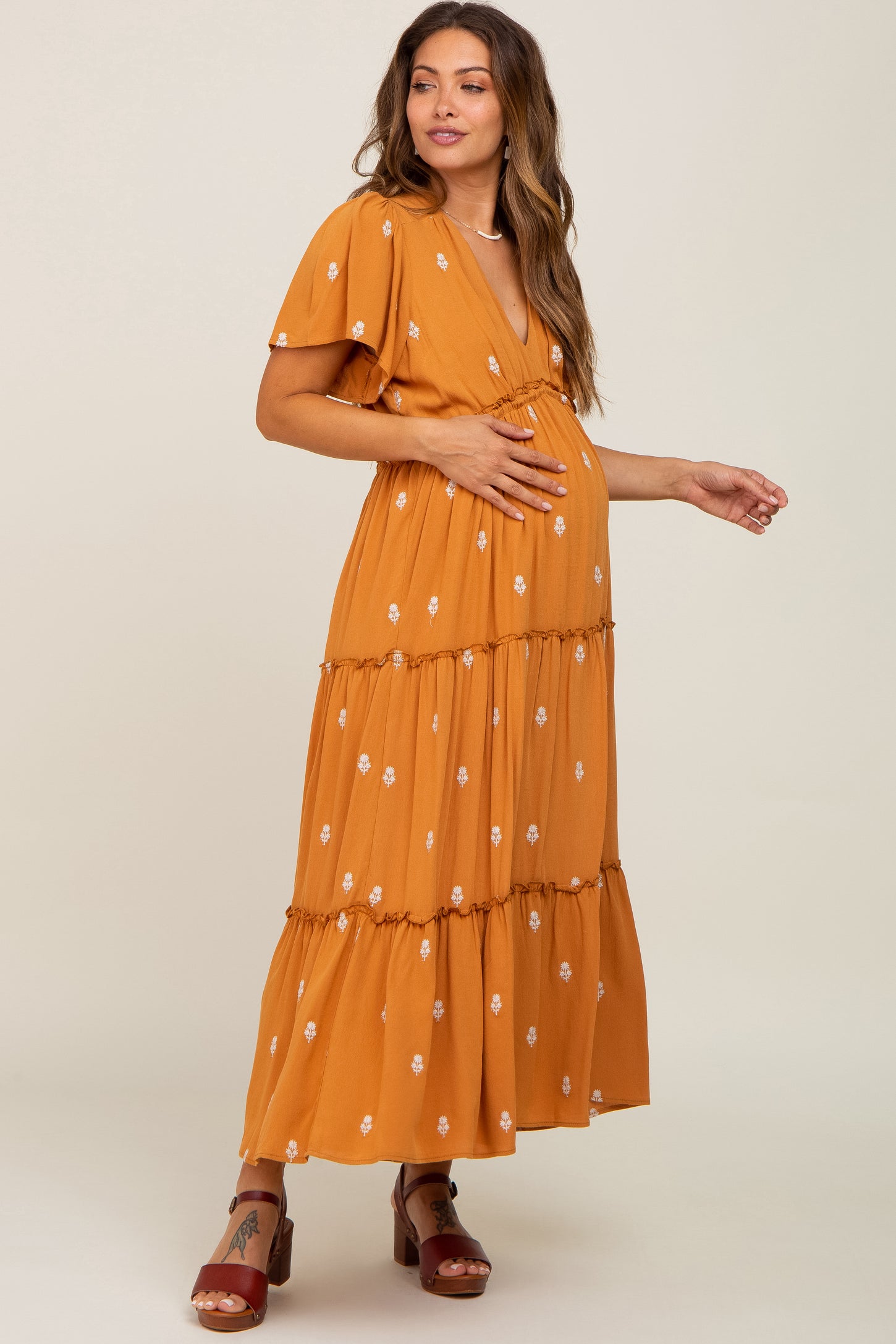 Camel Floral Embroidered Tiered Maternity Maxi Dress