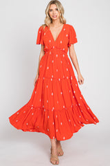 Red Floral Embroidered Tiered Maxi Dress