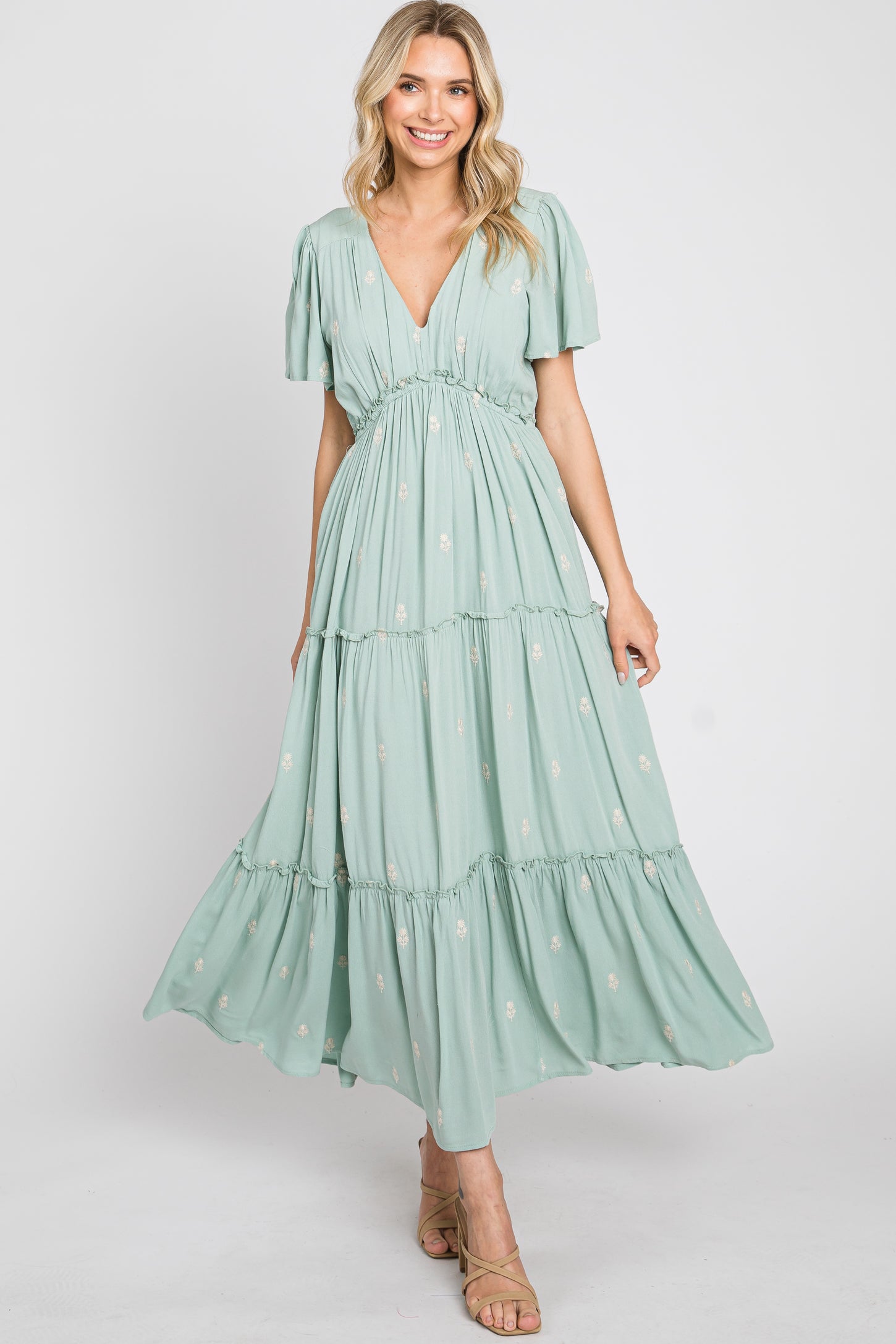 Mint Green Floral Embroidered Tiered Maxi Dress