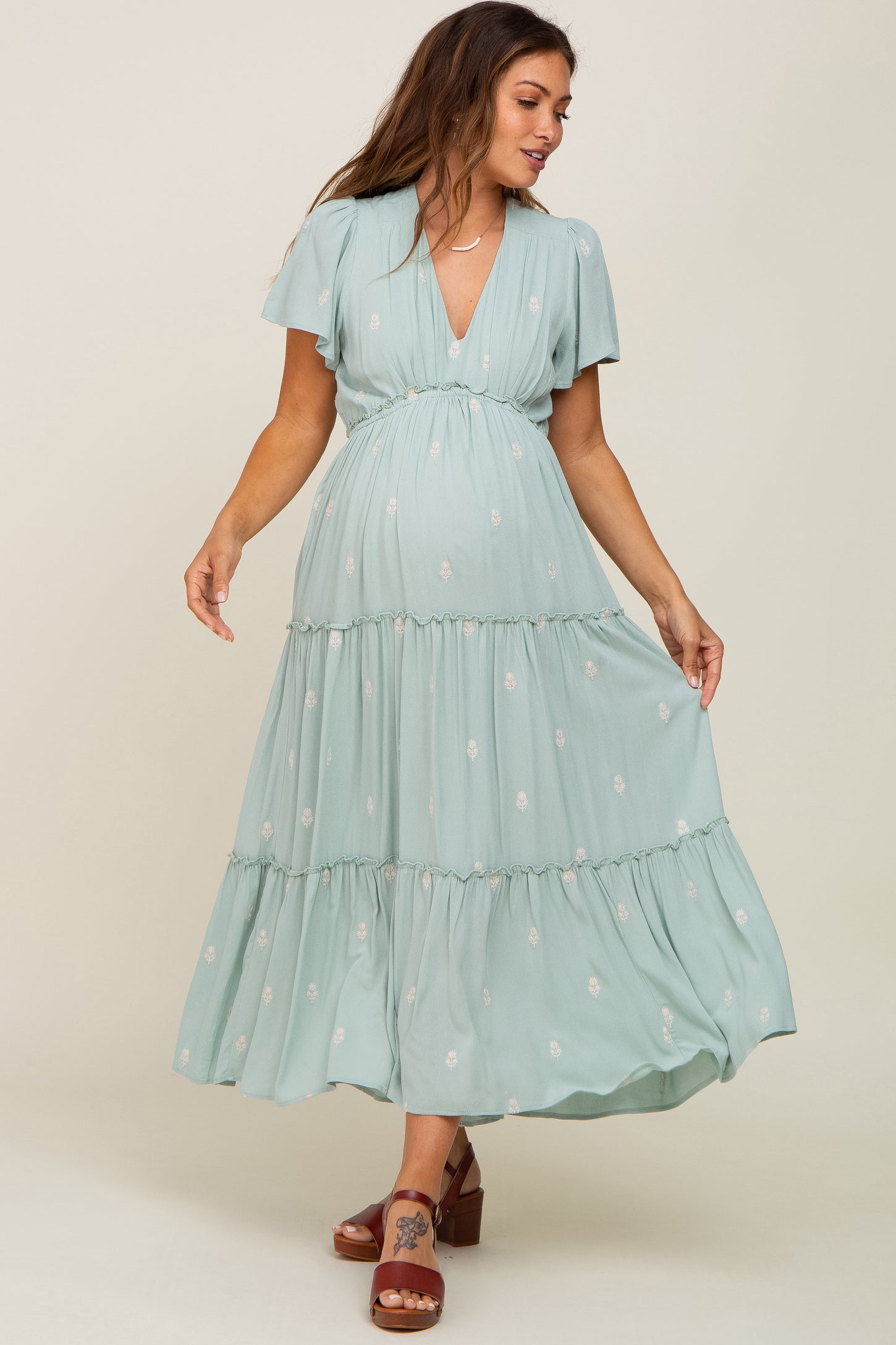 Mint Green Floral Embroidered Tiered Maternity Maxi Dress