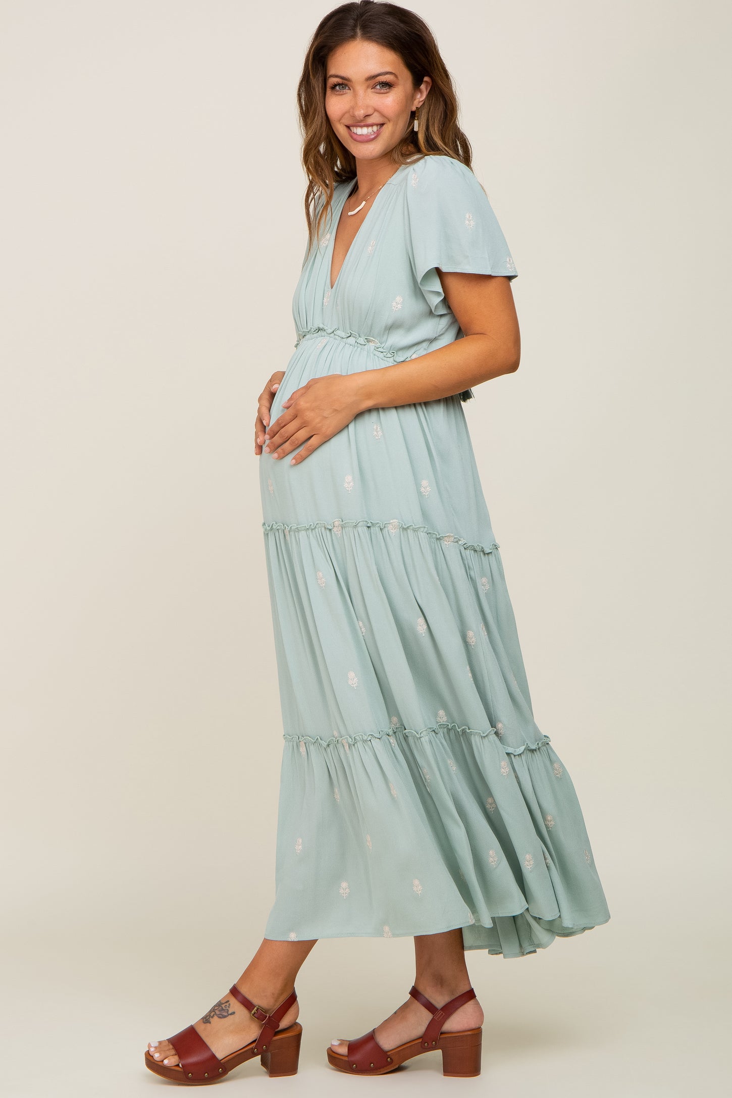 Mint Green Floral Embroidered Tiered Maternity Maxi Dress