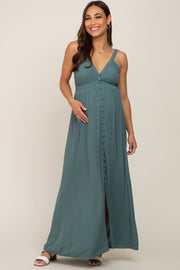 Teal Button Front Accent Maternity Maxi Dress