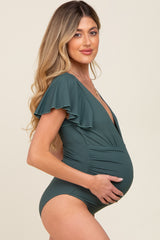 Forest Green Deep V-Neck Flounce Maternity One Piece Swimsuit