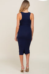 Navy Sleeveless Fitted Ruched Maternity Dress