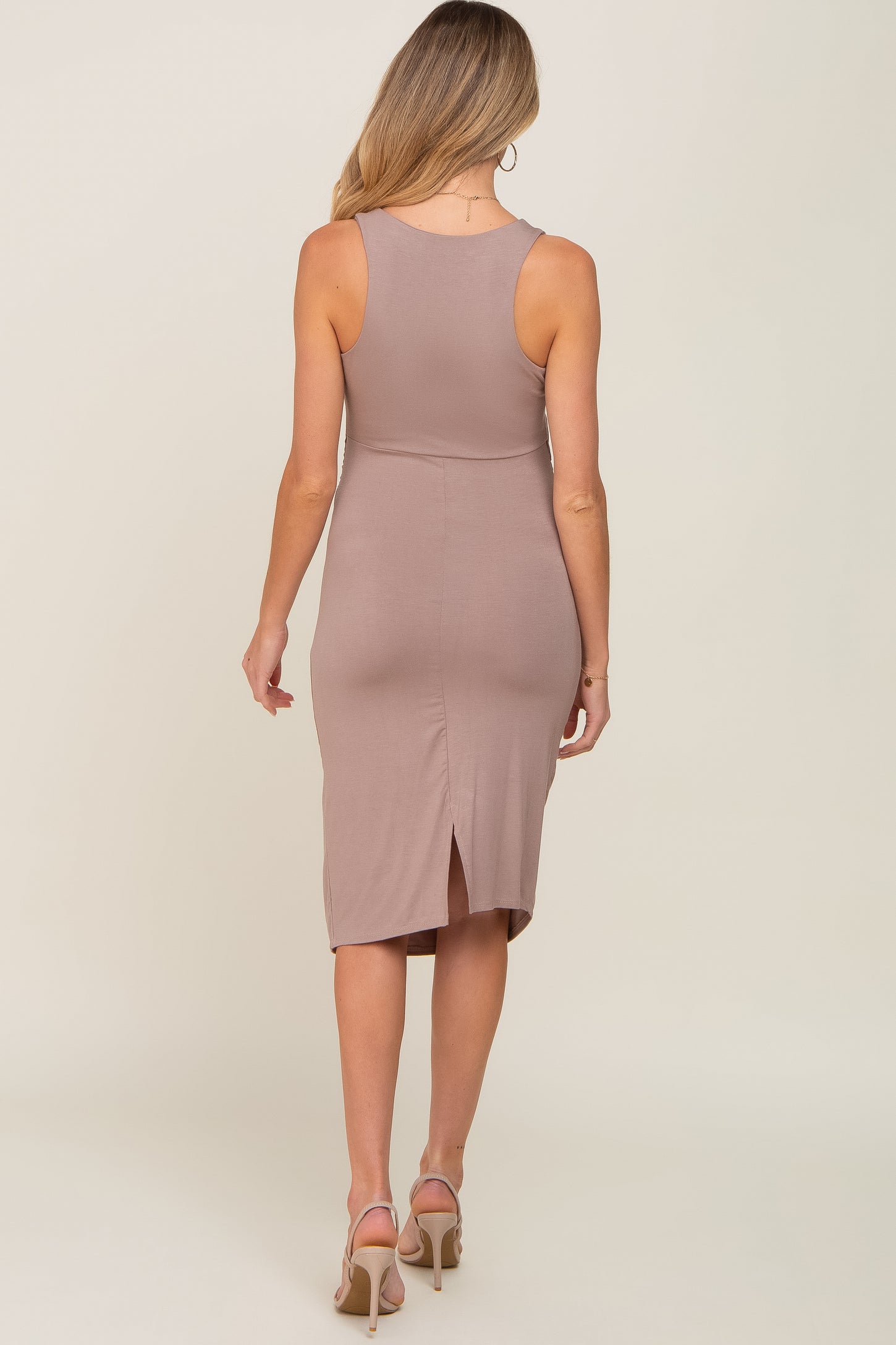 Taupe Sleeveless Fitted Ruched Maternity Dress