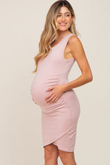 Light Pink Ruched Tulip Hem Maternity Dress