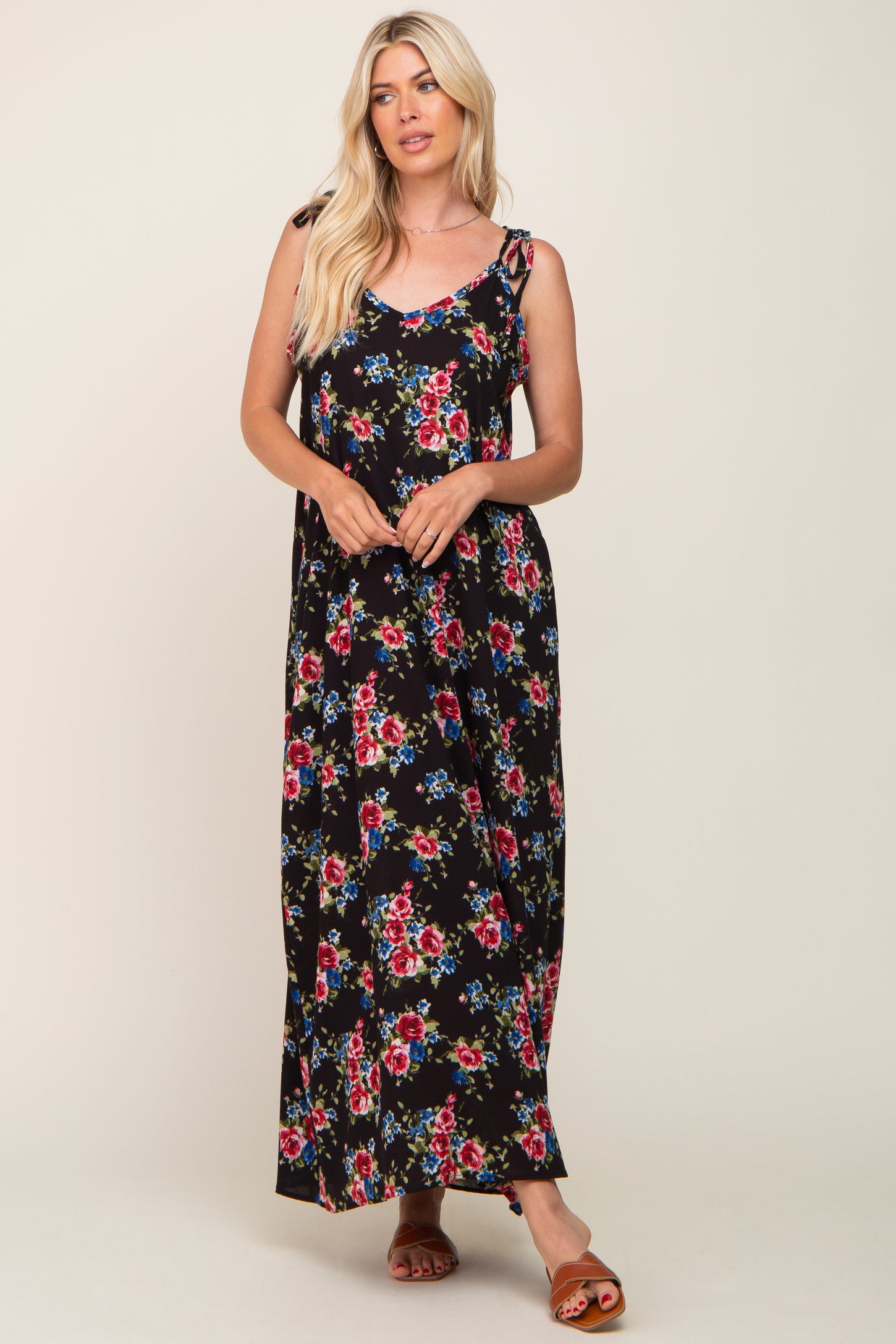 Black Floral Shoulder Tie Maxi Dress