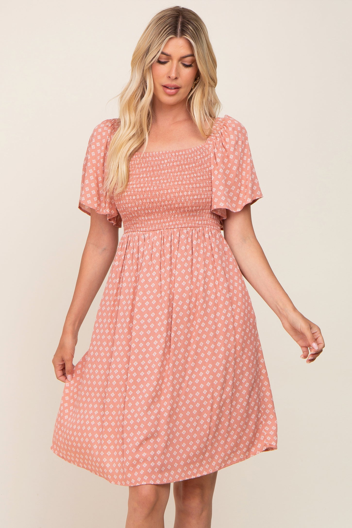 Mauve Printed Smocked Flutter Sleeve Maternity Dress