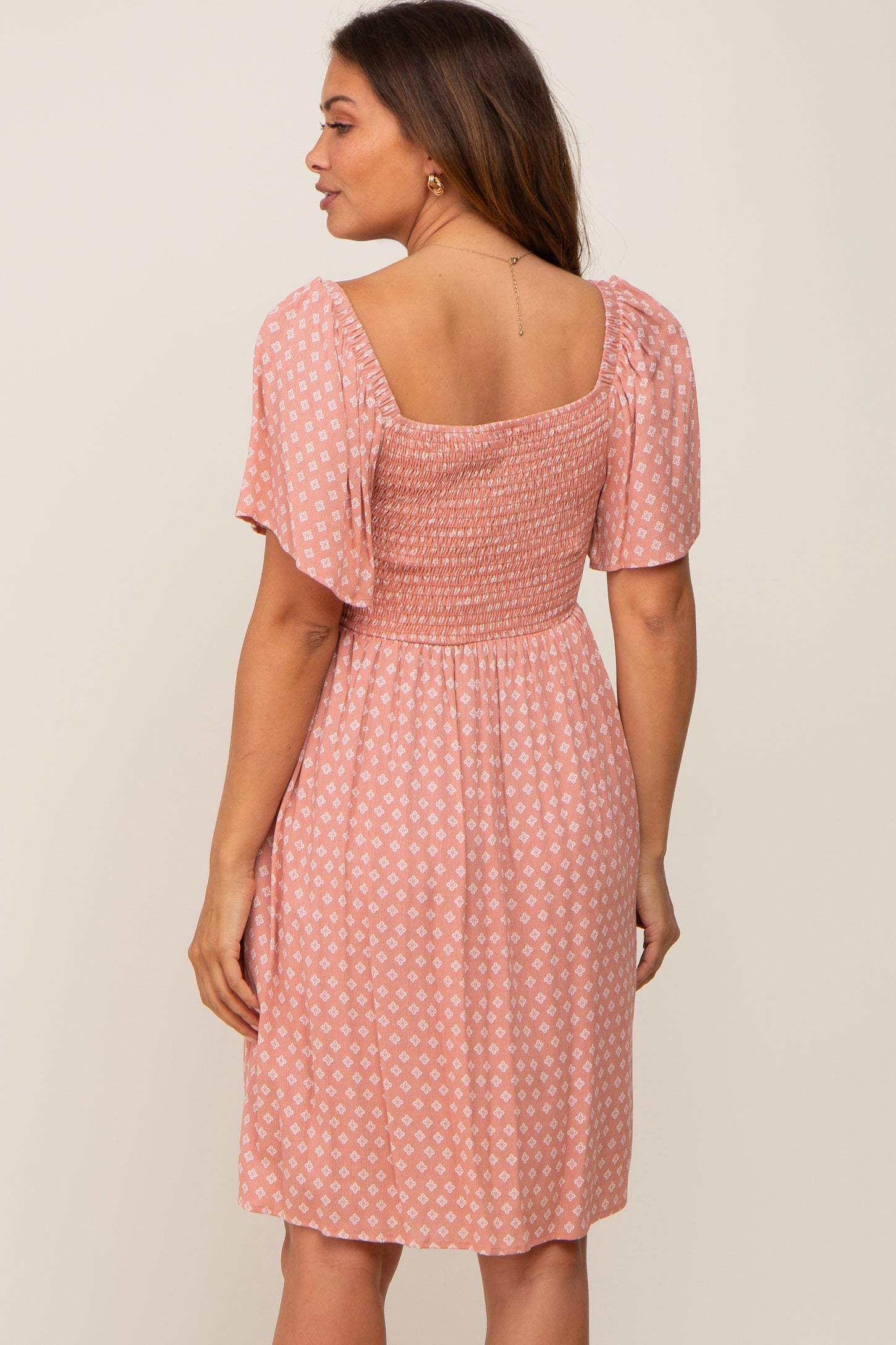 Mauve Printed Smocked Flutter Sleeve Maternity Dress