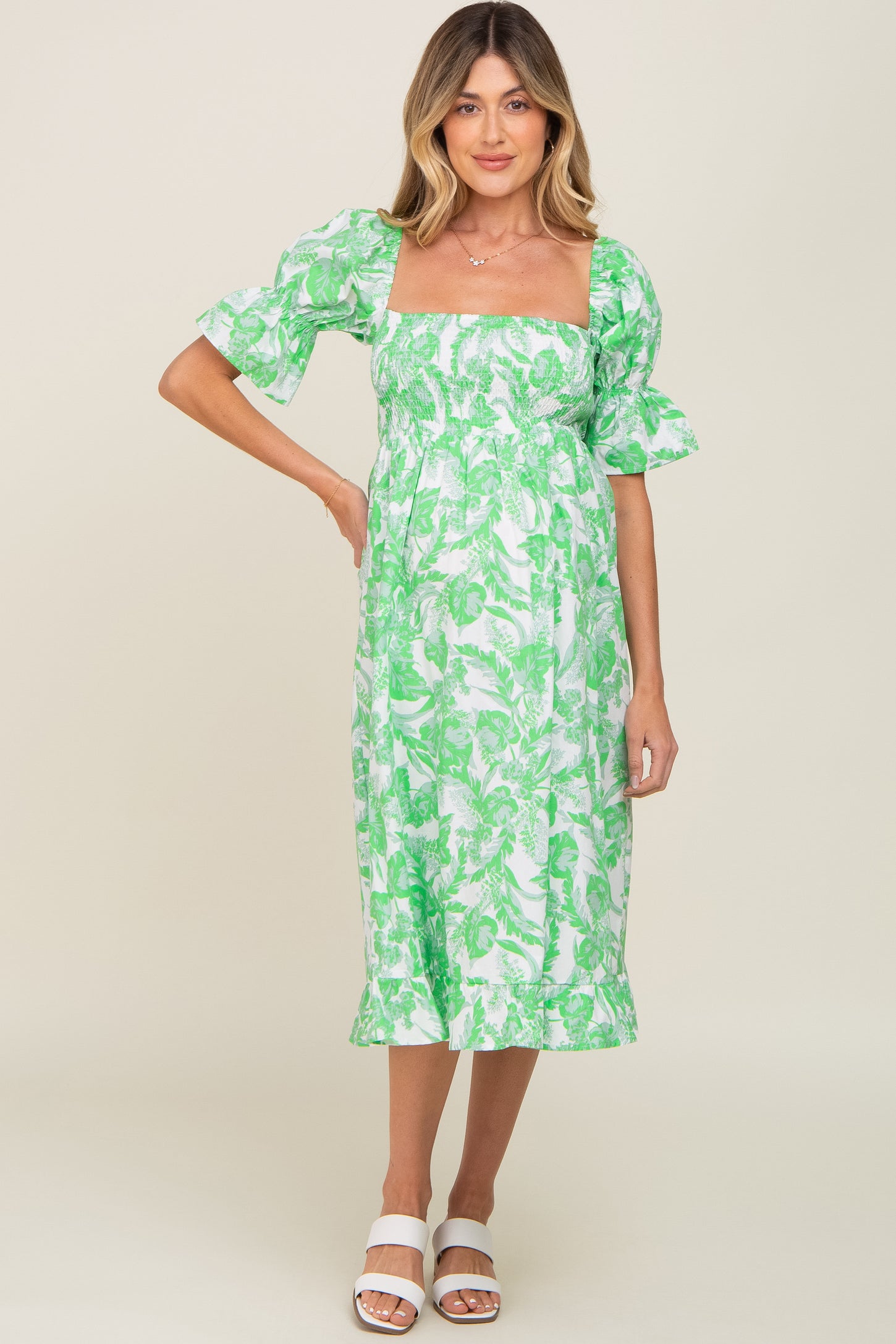 Green Leaf Print Cinched Puff Sleeve Maternity Midi Dress