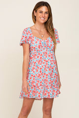 Ivory Floral Sweetheart Ruched Front Short Sleeve Dress