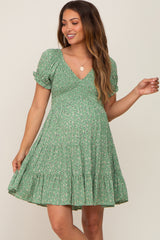 Green Floral Smocked V-Neck Short Sleeve Maternity Dress