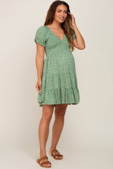 Green Floral Smocked V-Neck Short Sleeve Maternity Dress