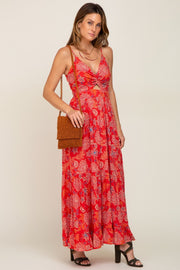Red Floral Front Twist Maxi Dress