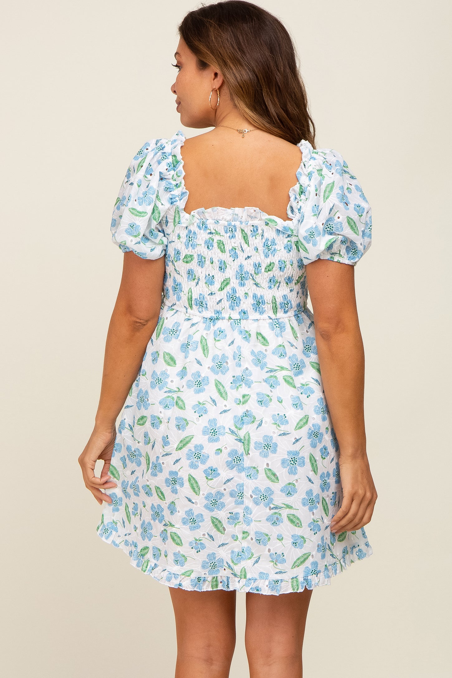 Blue Embroidered Eyelet Lace Maternity Dress