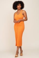 Orange Waffle Knit Snap Front Button Maternity Midi Dress