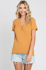 Camel Ribbed Knit Button Top