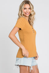 Camel Ribbed Knit Button Top