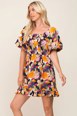 Multicolor Floral Pint Puff Sleeve Dress