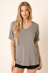 Charcoal Striped Front Pocket Short Sleeve Top