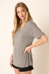 Charcoal Striped Front Pocket Short Sleeve Top