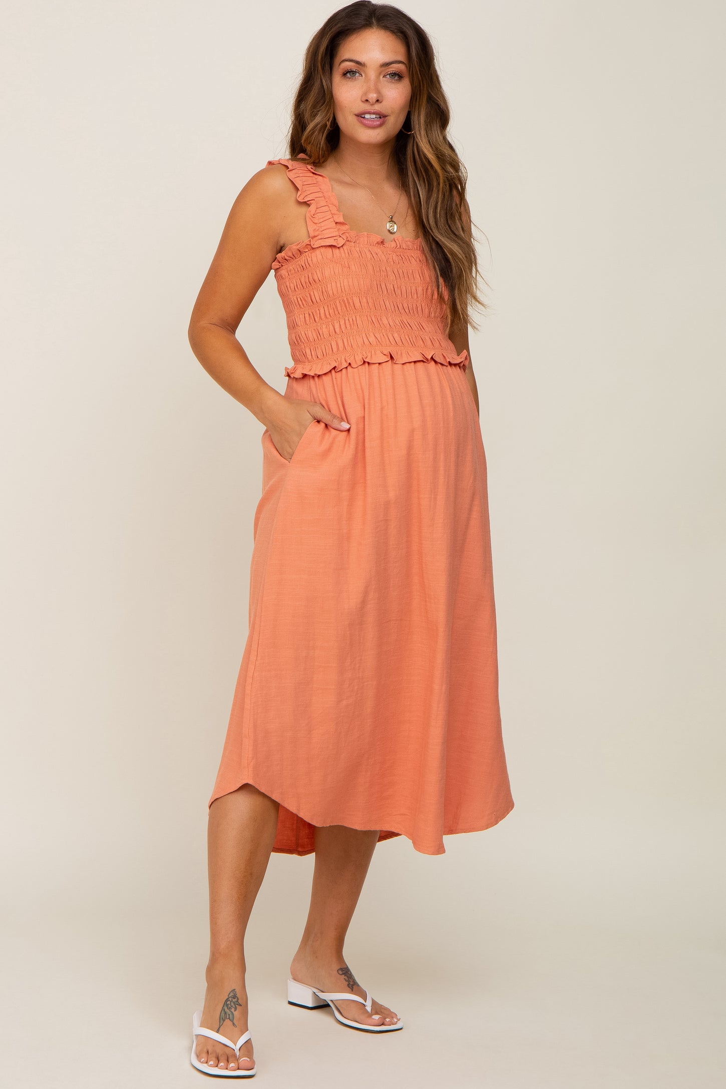 Peach Square Neck Smocked Sleeveless Maternity Midi Dress