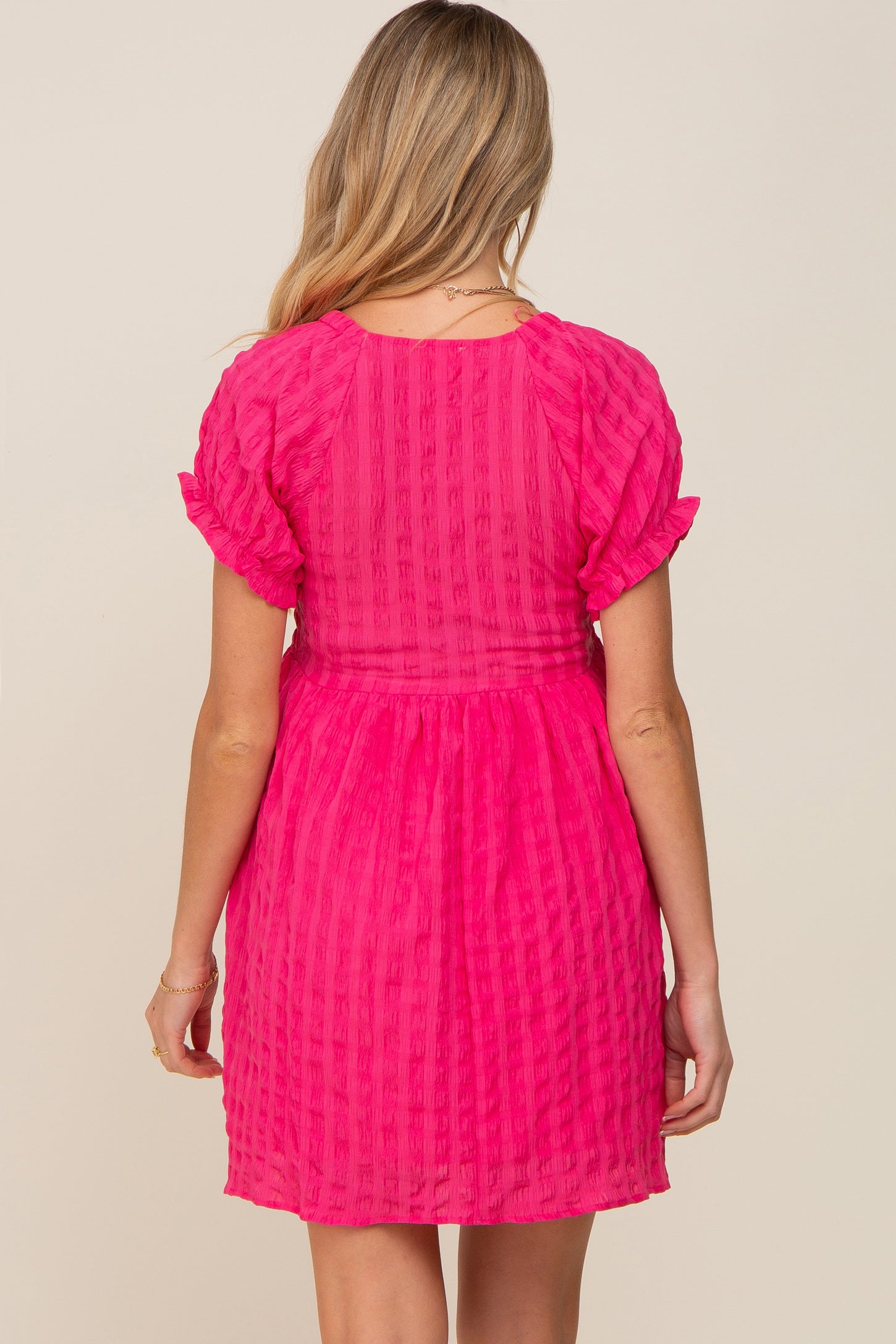 Fuchsia Smocked Textured V-Neck Maternity Dress