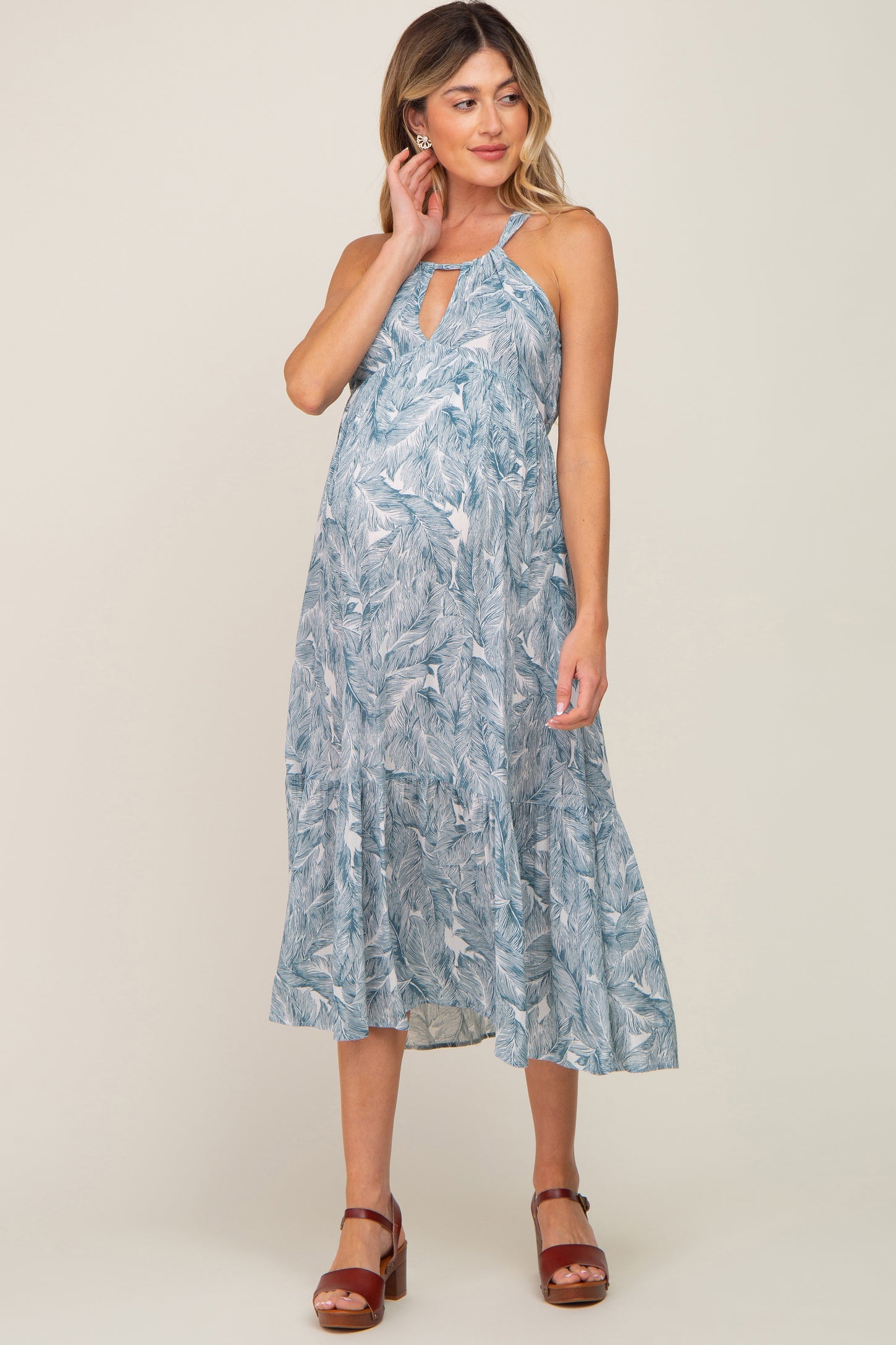 Blue Palm Print Front Cutout Maternity Midi Dress