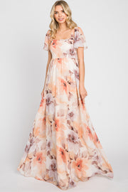 Peach Floral Chiffon Smocked Short Sleeve Maxi Dress