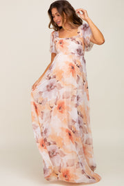 Peach Floral Chiffon Smocked Short Sleeve Maternity Maxi Dress