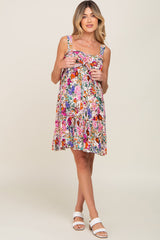 Fuchsia Floral Front Tie Ruffle Maternity Dress