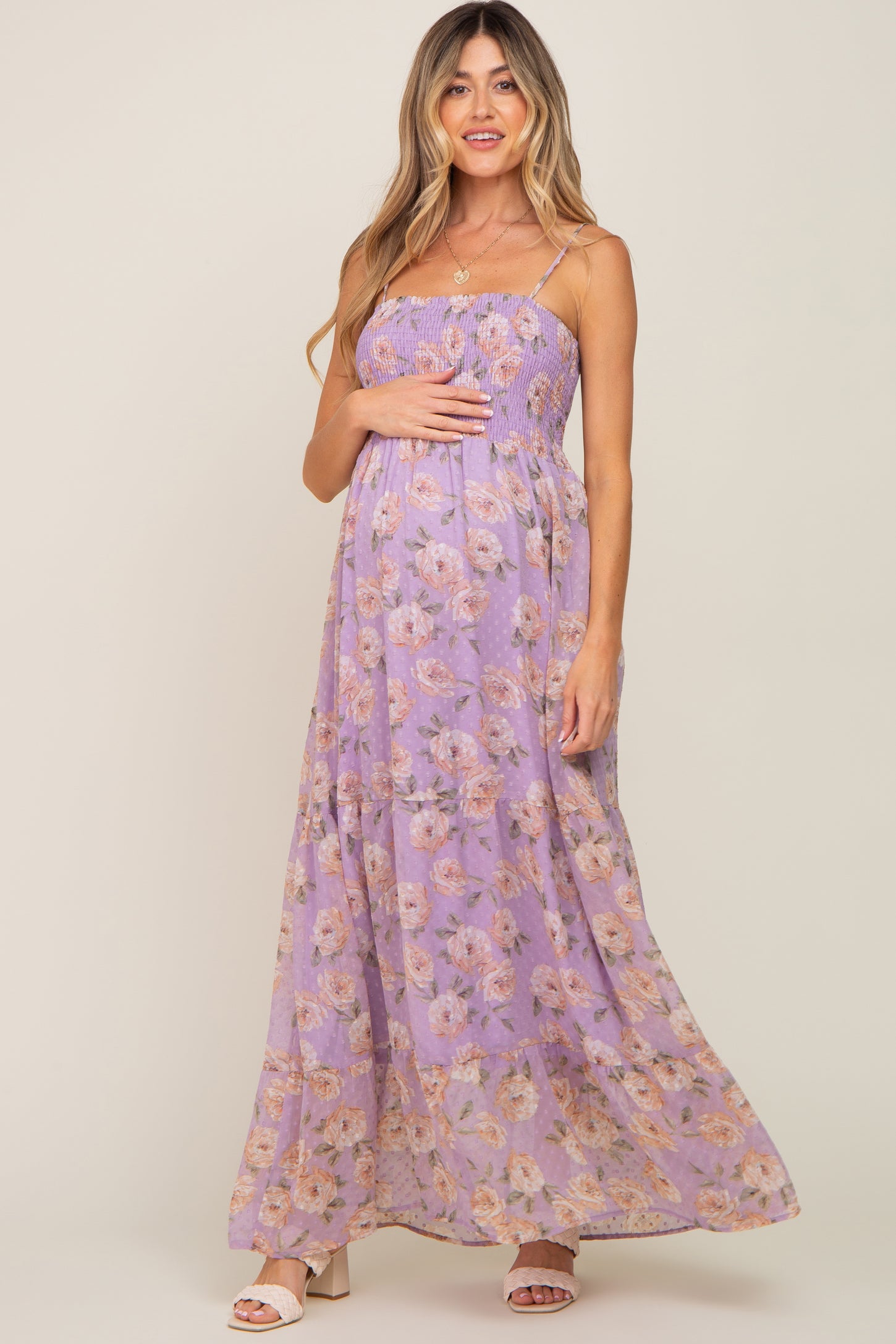Lavender Floral Swiss Dot Smocked Maternity Maxi Dress