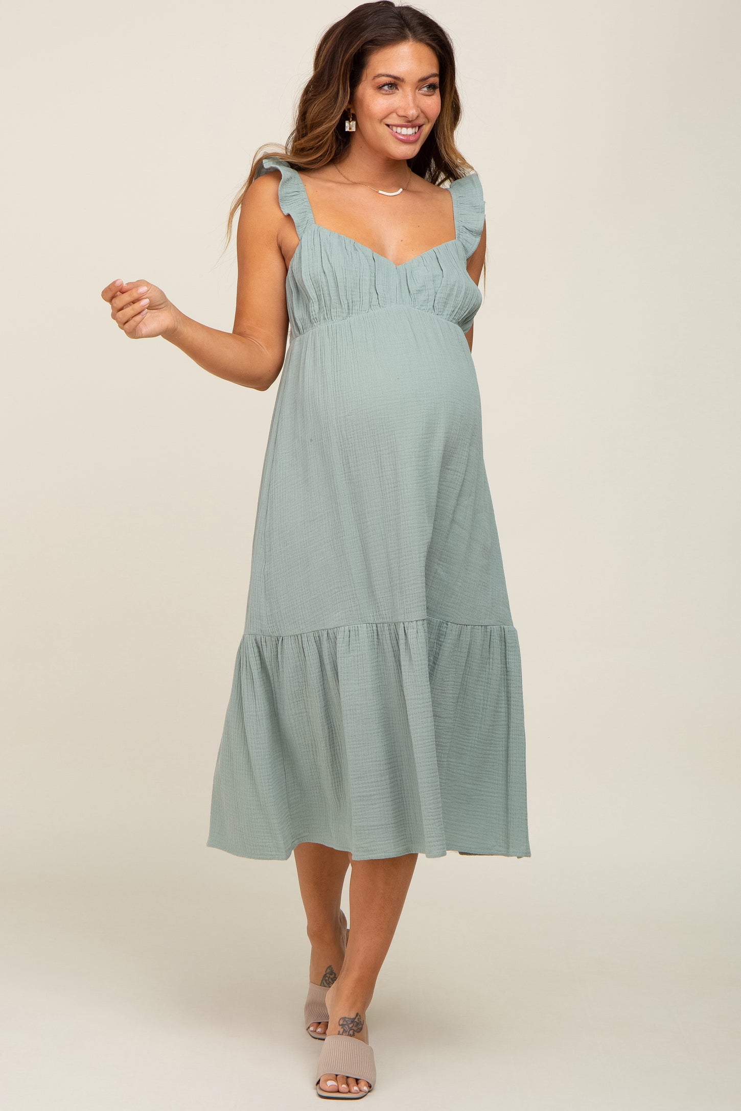 Sage Gauze Ruffle Maternity Midi Dress