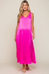 Fuchsia Satin Side Slit Maternity Maxi Dress