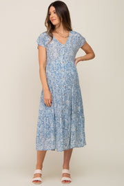 Blue Floral Tiered Button Down Maternity Midi Dress