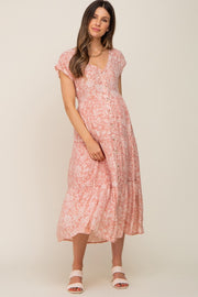 Pink Floral Tiered Button Down Maternity Midi Dress