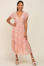Pink Floral Tiered Button Down Midi Dress