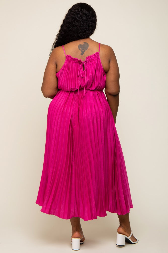 Fuchsia Pleated Sleeveless Waist Tie Plus Maxi Dress