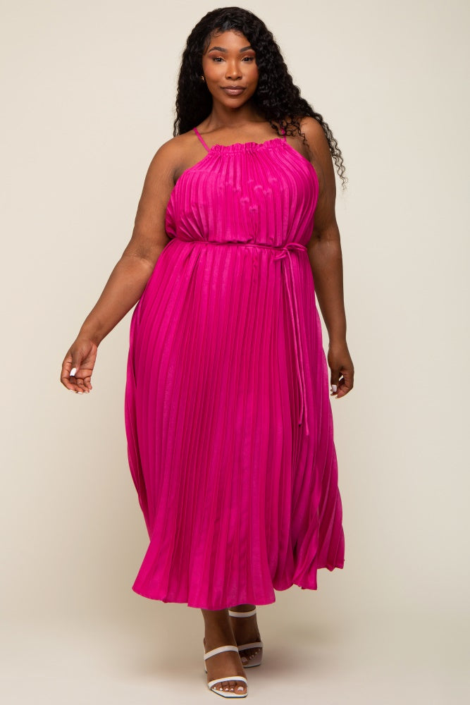 Fuchsia Pleated Sleeveless Waist Tie Plus Maxi Dress
