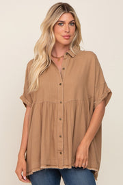 Mocha Button Up Contrast Stitch Short Sleeve Top