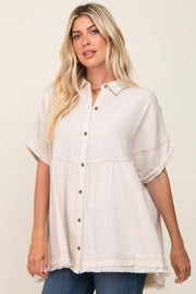 Cream Button Up Contrast Stitch Short Sleeve Top