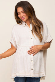Cream Button Up Contrast Stitch Short Sleeve Maternity Top