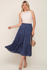 Navy Blue Tiered Midi Skirt