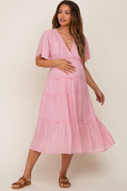 Pink Ruffle Tiered V-Neck Maternity Midi Dress