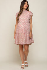 Pink Floral Chiffon Tiered Maternity Dress