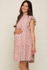 Pink Floral Chiffon Tiered Maternity Dress