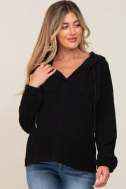 Black V-Neck Drawstring Hooded Maternity Top