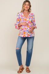 Multi-Colored Floral V-Neck Maternity Top