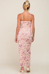 Pink Floral Mesh V-Neck Maternity Maxi Dress