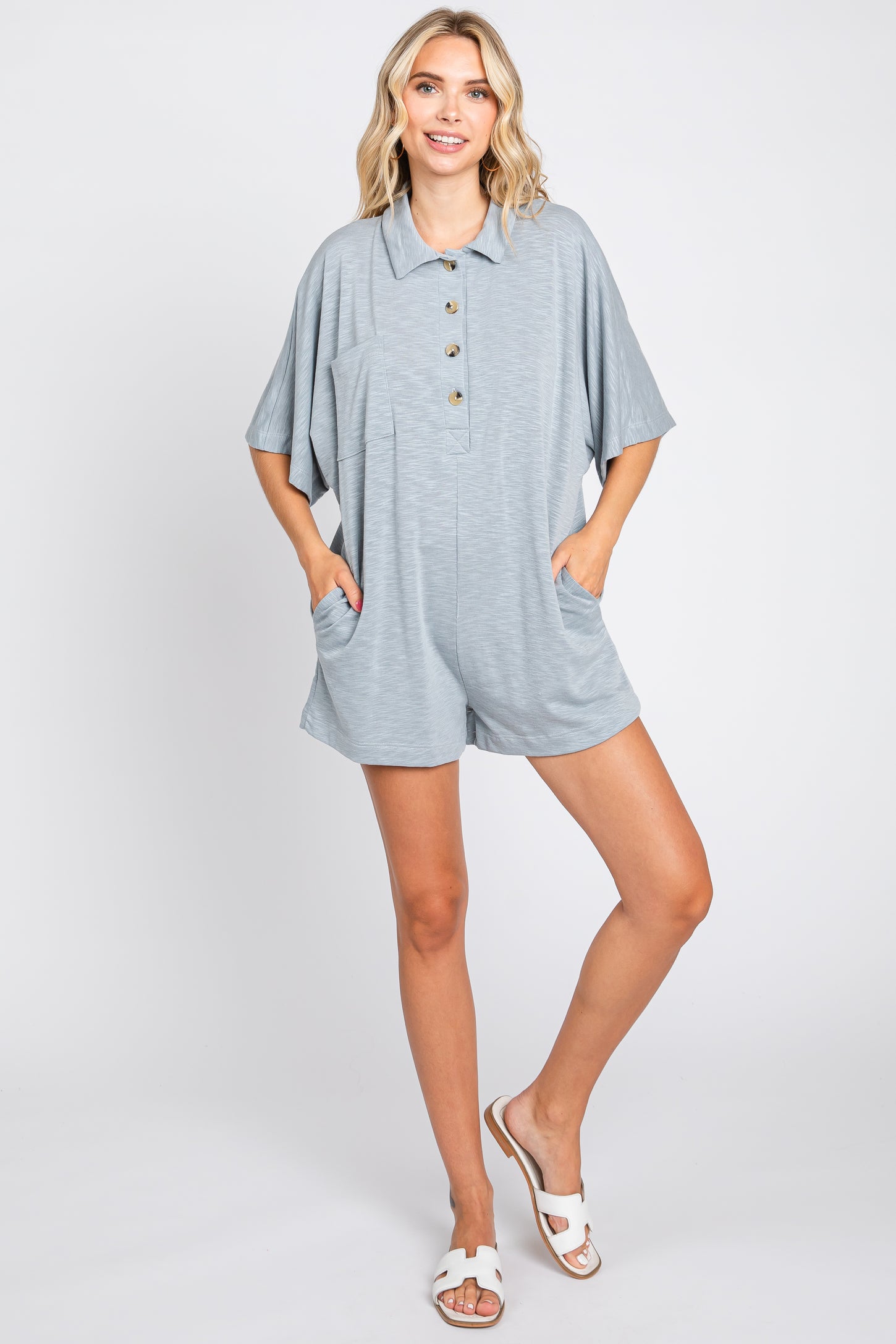 Grey Heathered Front Button Maternity Romper